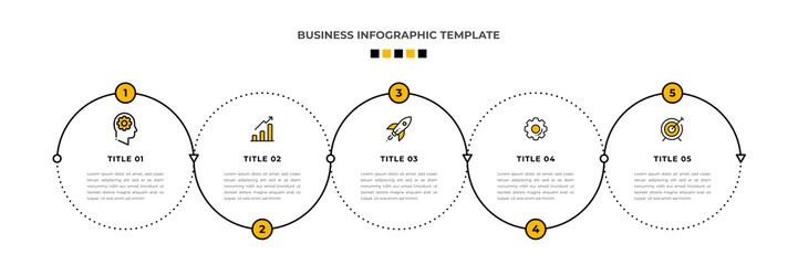 Minimal Modern Minimalist Business Infographics template with circle shape. 5 steps / option timeline with icons. For presentation, process, diagram, workflow, chart. Vector with orange, black