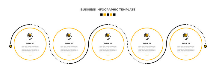 Minimal Modern Minimalist Business Infographics template with circle shape. 5 steps / option timeline with icons. For presentation, process, diagram, workflow, chart. Vector with orange, black