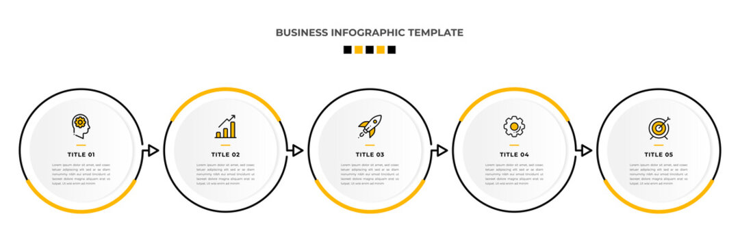 Minimal Modern Minimalist Business Infographics Template With Circle Shape. 5 Steps / Option Timeline With Icons. For Presentation, Process, Diagram, Workflow, Chart. Vector With Orange, Black