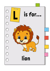 L is for lion. ABC game for kids. Word and letter. Learning words for study English. Cartoon character. Cute animal. Color vector illustration.