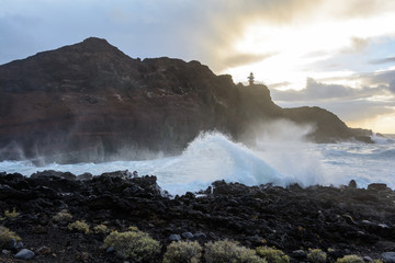 A powerful storm in the Atlantic Ocean in a bay on the coast of Tenerife.