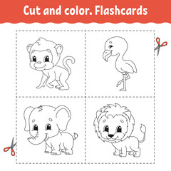 Cut and color. Flashcard Set. flamingo, lion, monkey, elephant. Coloring book for kids. Cartoon character. Cute animal.
