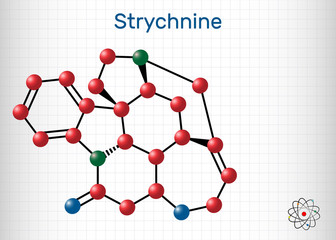 Strychnine, C21H22N2O2,  molecule. It is monoterpenoid indole alkaloid, is from the seeds of the Strychnos nux-vomica tree. Used for destroying rodents. Sheet of paper in a cage