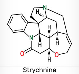 Fototapeta premium Strychnine, C21H22N2O2, molecule. It is monoterpenoid indole alkaloid, is from the seeds of the Strychnos nux-vomica tree. Used for destroying rodents. Skeletal chemical formula