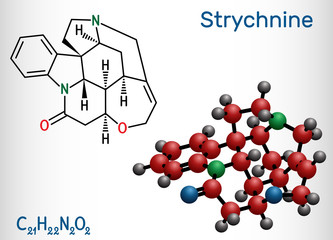 Strychnine, C21H22N2O2,  molecule. It is monoterpenoid indole alkaloid, is from the seeds of the Strychnos nux-vomica tree. Used for destroying rodents
