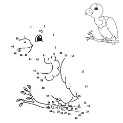 Dot to dot. Draw a line. Bird vulture. Handwriting practice. Learning numbers for kids. Education worksheet. Activity coloring page. Cartoon style. With answer.
