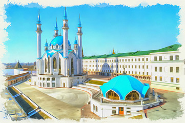 Imitation of a picture. Oil paint. Illustration. Mosque of Qolşarif. Kazan