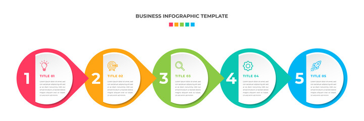 Modern Minimalist Business Infographic template circle shape. 5 steps / option timeline with icons. For presentation, process, diagram, workflow, chart. Vector with red, blue, green, orange color