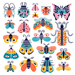 Colorful butterflies and bugs isolated on the white background. Cute insects. Vector illustration.
