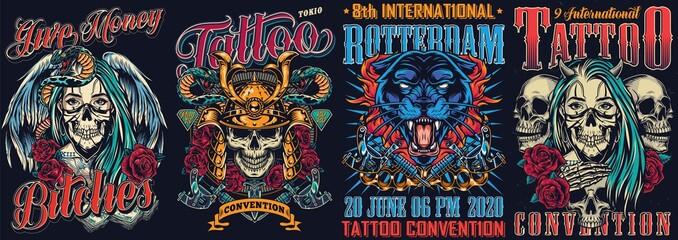 Vintage tattoo fests colorful posters - obrazy, fototapety, plakaty