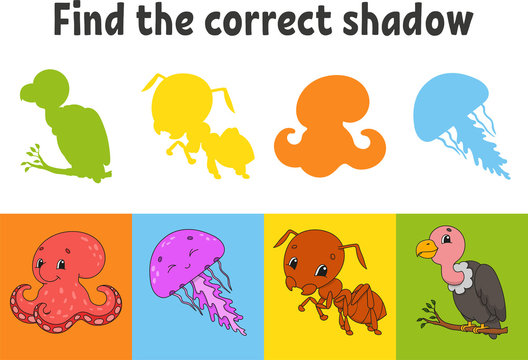 Find the correct shadow. Octopus, jellyfish, ant, vulture. Education worksheet. Matching game for kids. Color activity page. Puzzle for children. Cartoon character. Isolated vector illustration.