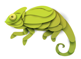 Abstract chameleon isolated on white background. Creative 3d concept in craft paper cut style. Colorful minimal design character. Original vector cartoon illustration.