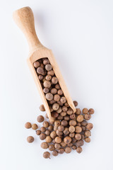 fresh spicy peppers allspice on white acrylic background