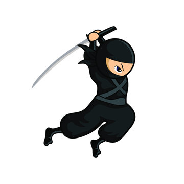 black cartoon ninja jump with sword and attack 