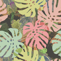 Monstera leaves abstract illustration, seamless pattern.