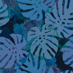 Monstera leaves abstract illustration, seamless pattern.