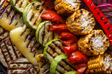 appetizing fresh grilled vegetables in a cast iron skillet