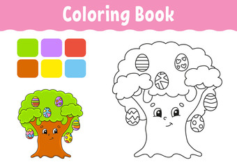 Coloring book for kids. Easter egg tree. Cheerful character. Vector illustration. Cute cartoon style. Fantasy page for children. Black contour silhouette. Isolated on white background.