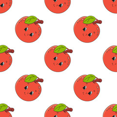 Happy apple. Colored seamless pattern with cute cartoon character. Simple flat vector illustration isolated on white background. Design wallpaper, fabric, wrapping paper, covers, websites.