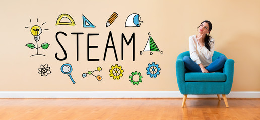 STEAM with woman in a thoughtful pose in a chair