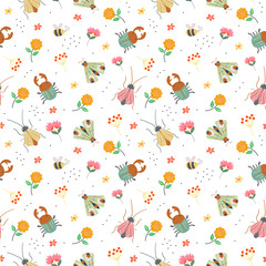 Baby pattern with cute insect and flowers concept in the white backdrop