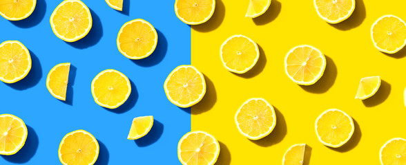 Fresh yellow lemons overhead view - flat lay