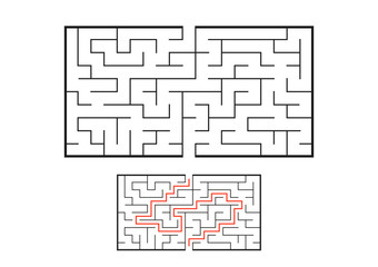Black rectangular labyrinth. Game for kids. Puzzle for children. Maze conundrum. Flat vector illustration isolated on white background. With the answer.