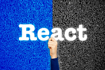React front end programming language concept. Woman developer with her hand holding modern sign...