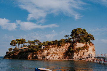 Little island Cameo with footbridge near Zakynthos island. Comeo island with the wooden bridge...