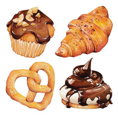 Watercolor hand painted pastries collection. Pastry sweets collection: doughnuts, candies, croissants, muffins and macaroons.