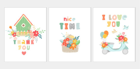 Fototapeta premium Beautiful banners with flowers in carton style. Vector illustration cards. Modern templates.