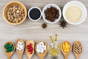 Alternative herbal medicine, natural vitamin and supplements, capsule and pills antioxidant dietary food 