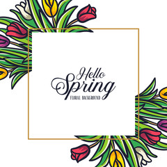 Fototapeta na wymiar Hello Spring Tulips floral frame square background