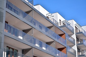New building condominium. Modern apartment complex exterior.