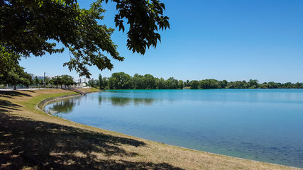 Wonderful nature landscape : tree branches with fresh leaves over water of a calm lake against clear sky.