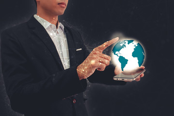 Multi exposure of business man with technology and investment. world network Data development concept.