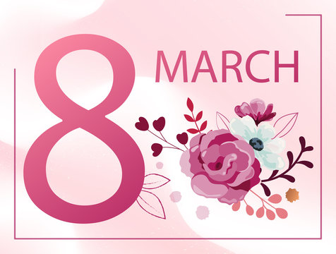 8 March Womans's Day card or poster design with bunch of pink and white spring flowers over an abstract matching pink and white background with number 8, vector illustration