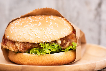 Close up chicken burger.Fast food for breakfast.Junk food or unhealthy food concept.