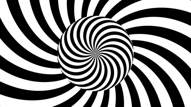 Black and white psychedelic optical illusion. Abstract hypnotic animated background. Spiral geometric looping. Surreal modern  dynamic backdrop. 3D seamless 4K HD animation