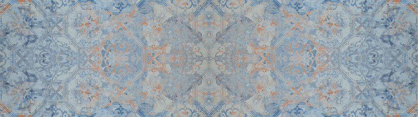 Old blue brown orange vintage shabby patchwork tiles stone concrete cement wall texture background banner