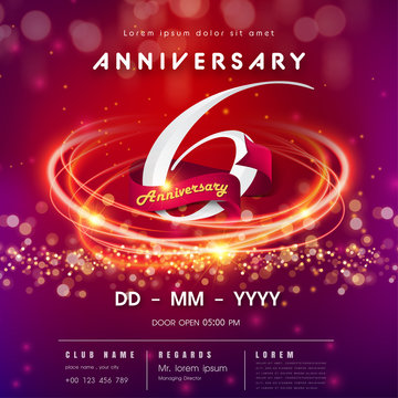 6 years anniversary logo template on red and pink Abstract futuristic space background. 6th modern technology design celebrating numbers with Hi-tech network digital technology concept design elements