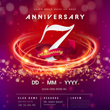 7 years anniversary logo template on red and pink Abstract futuristic space background. 7th modern technology design celebrating numbers with Hi-tech network digital technology concept design elements