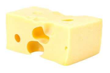 Lying rectangular piece of Maasdam cheese isolated on a white background
