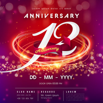 12 years anniversary logo template red and pink Abstract futuristic space background. 12th modern technology design celebrating numbers with Hi-tech network digital technology concept design elements
