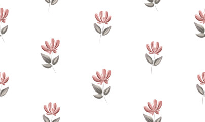 Garden floral seamless gouache pattern, spring flowers and leaves