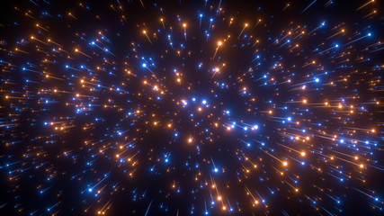 Abstract bright creative cosmic background. Hyper jump into another galaxy. Speed of light, neon glowing rays in motion. Beautiful fireworks, colorful explosion, big bang. Falling stars. 3d rendering