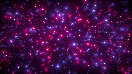 Fototapeta premium Abstract bright creative cosmic background. Hyper jump into another galaxy. Speed of light, neon glowing rays in motion. Beautiful fireworks, colorful explosion, big bang. Falling stars. 3d rendering
