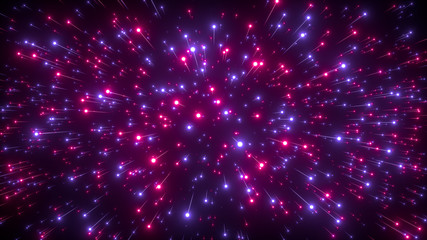 Abstract bright creative cosmic background. Hyper jump into another galaxy. Speed of light, neon glowing rays in motion. Beautiful fireworks, colorful explosion, big bang. Falling stars. 3d rendering