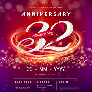 32 years anniversary logo template on red and pink  futuristic space background. 32nd modern technology design celebrating numbers with Hi-tech network digital technology concept design elements