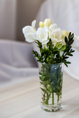 white freesia flowers in a glass